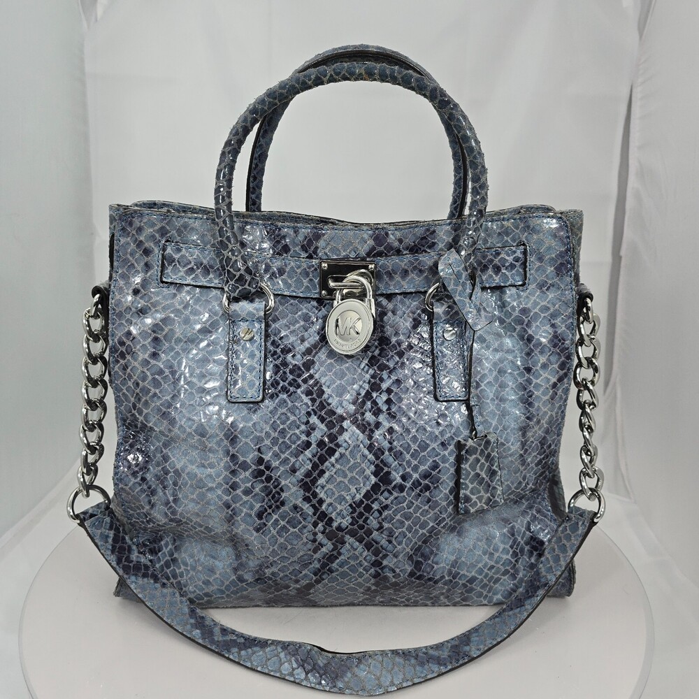 Michael Kors Hamilton Blue/Gray Python/Snake Leather Tote Shoulder Bag Satchel